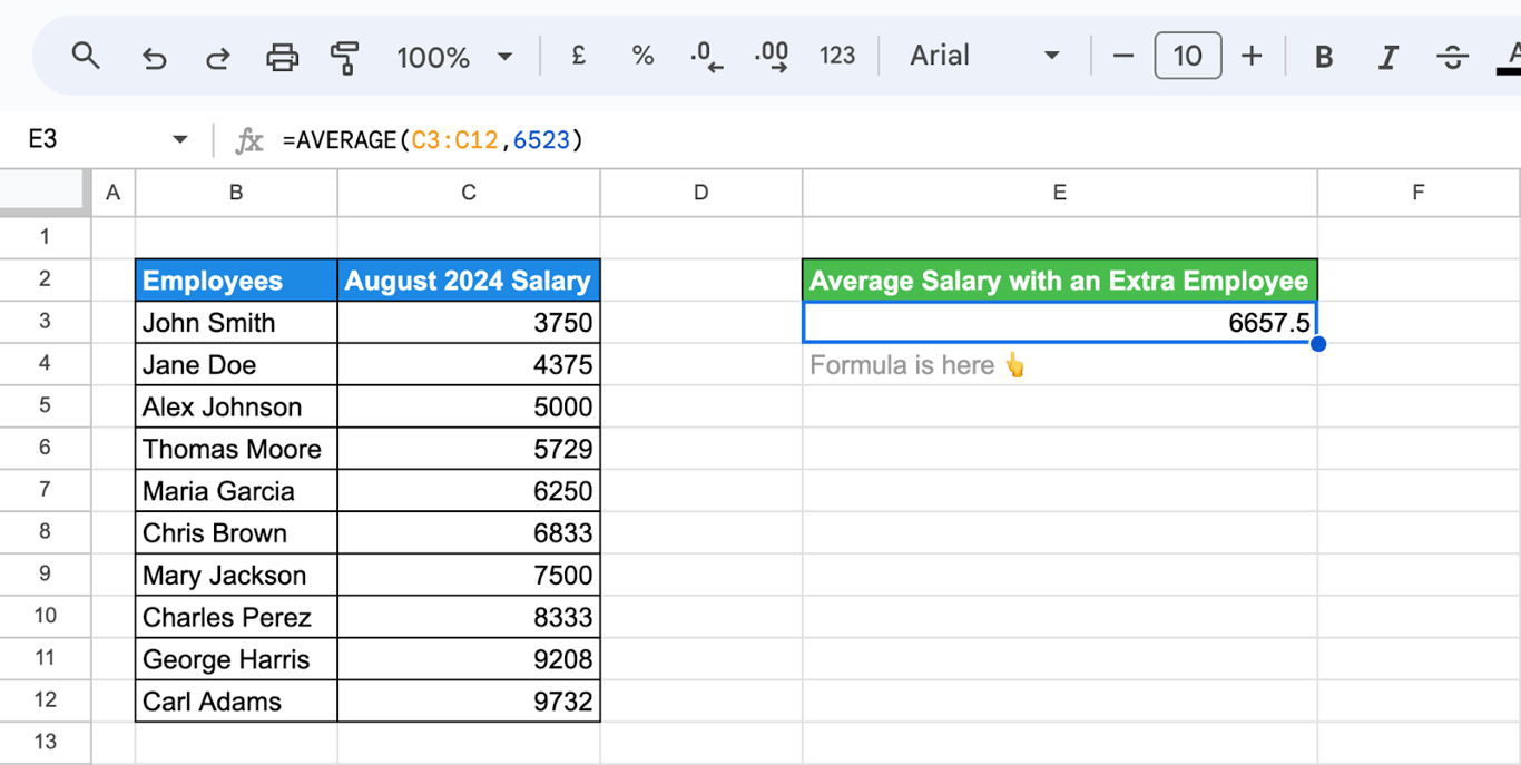  The use of the AVERAGE function with a mix of direct values and cell references. i-border