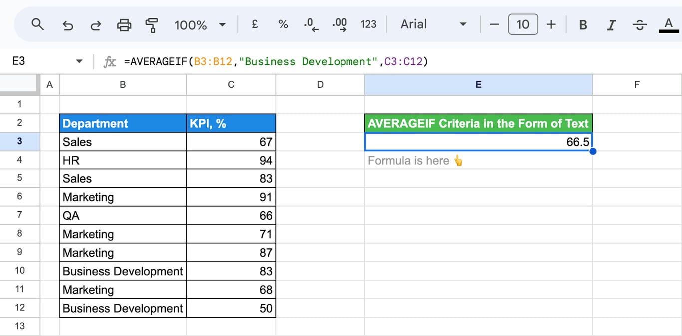 Demonstrating the use of text criteria in the AVERAGEIF function in Google Sheets. i-border