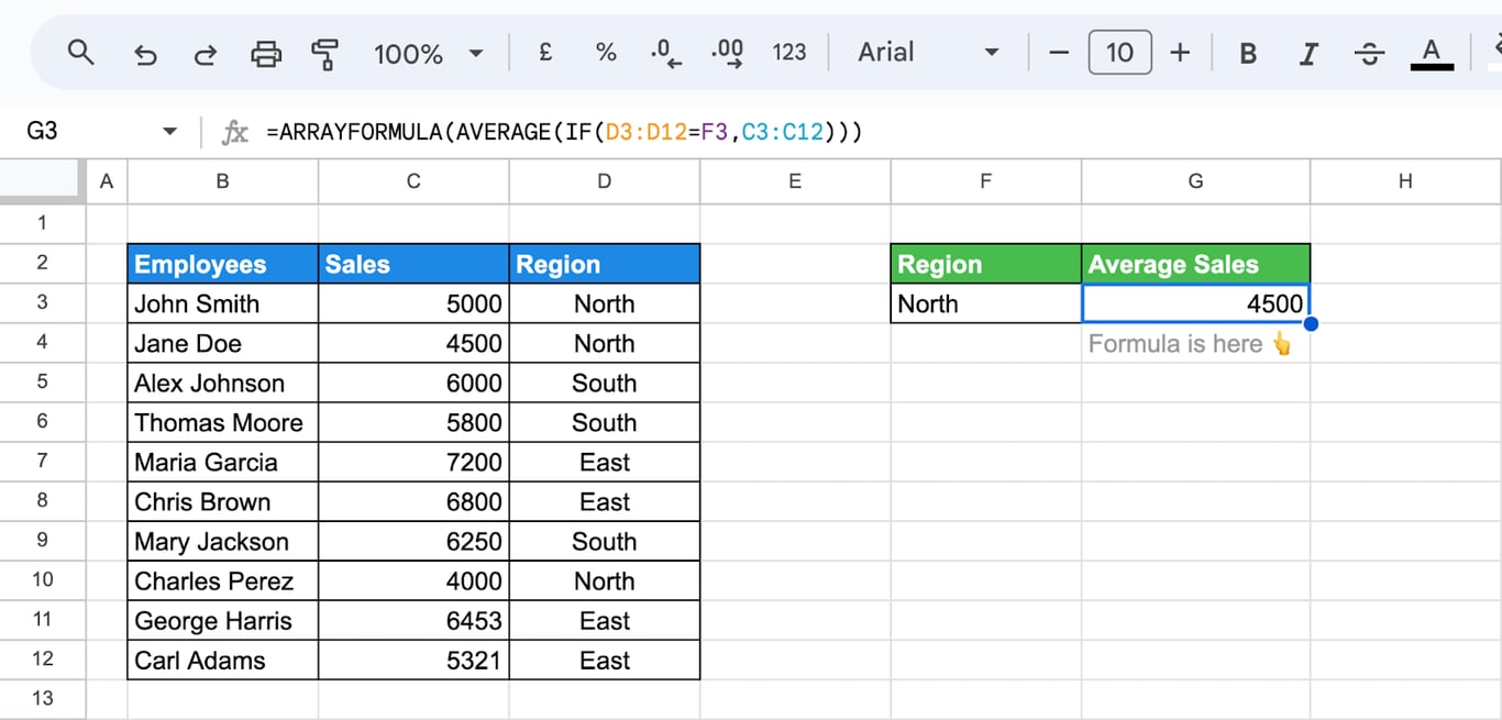 Combining the AVERAGE function with ARRAYFORMULA to calculate group-wise averages. i-border
