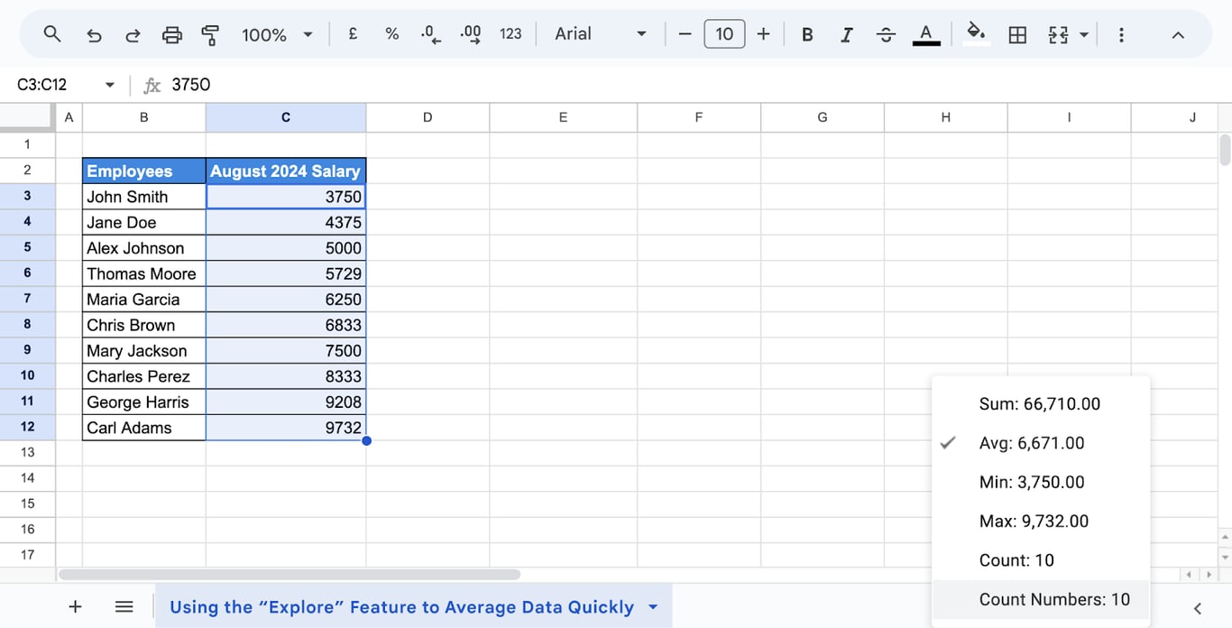 Leveraging the ‘Explore’ feature in Google Sheets to calculate averages instantly. i-border