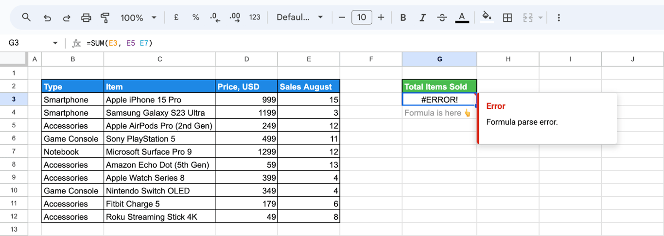 Syntax error occurs in a SUM formula.