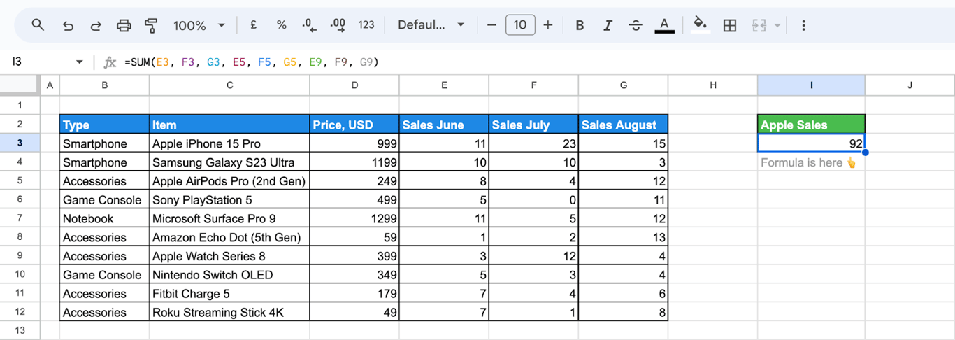 SUM function combining values from non-adjacent cells.