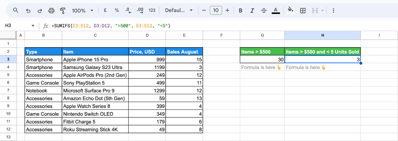Advanced conditions in SUMIF and SUMIFS using logical operators.