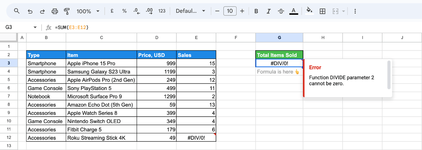 Common errors when referencing ranges in a SUM formula.