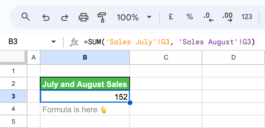 Summing data from various sheets using the SUM function.