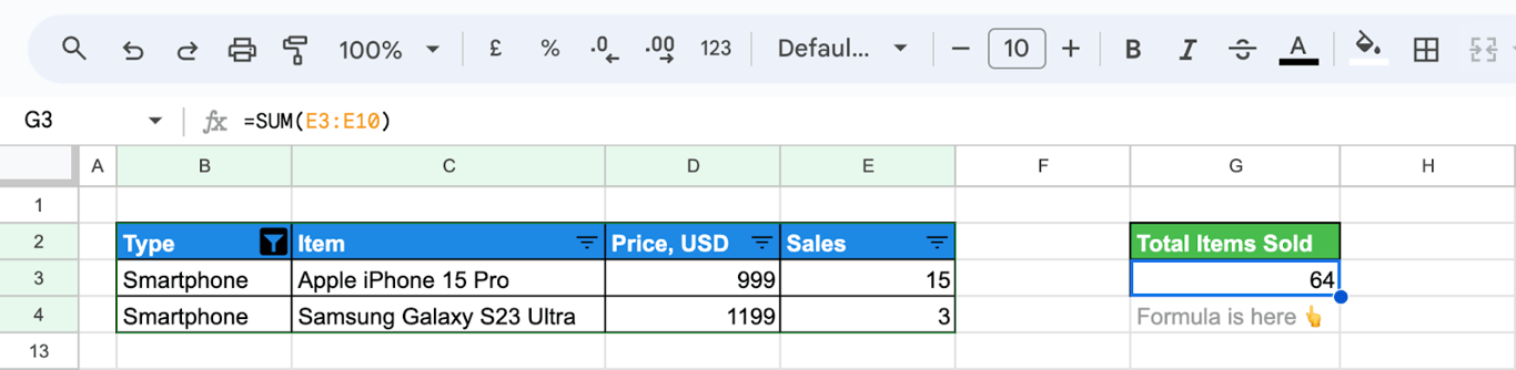 SUM function excluding hidden or filtered rows from the total.