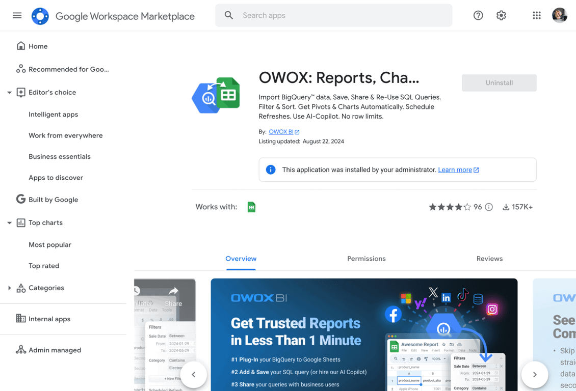 OWOX Reports extension listing on Google Workspace Marketplace showing install status, features, and update date. i-border