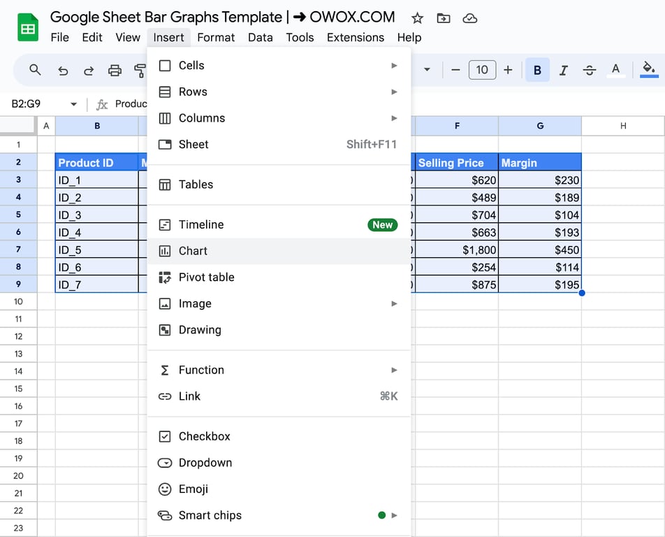 Opening the chart editor in Google Sheets to choose the bar graph type. i-border