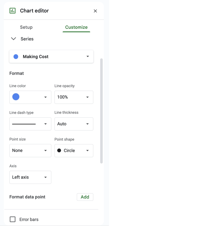 Options in Google Sheets for customizing data series, including colors and line styles. i-border