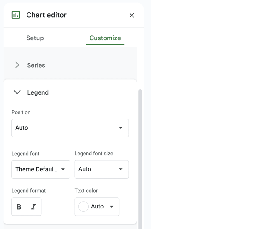 Settings in Google Sheets for adjusting legend placement and visibility in charts. i-border