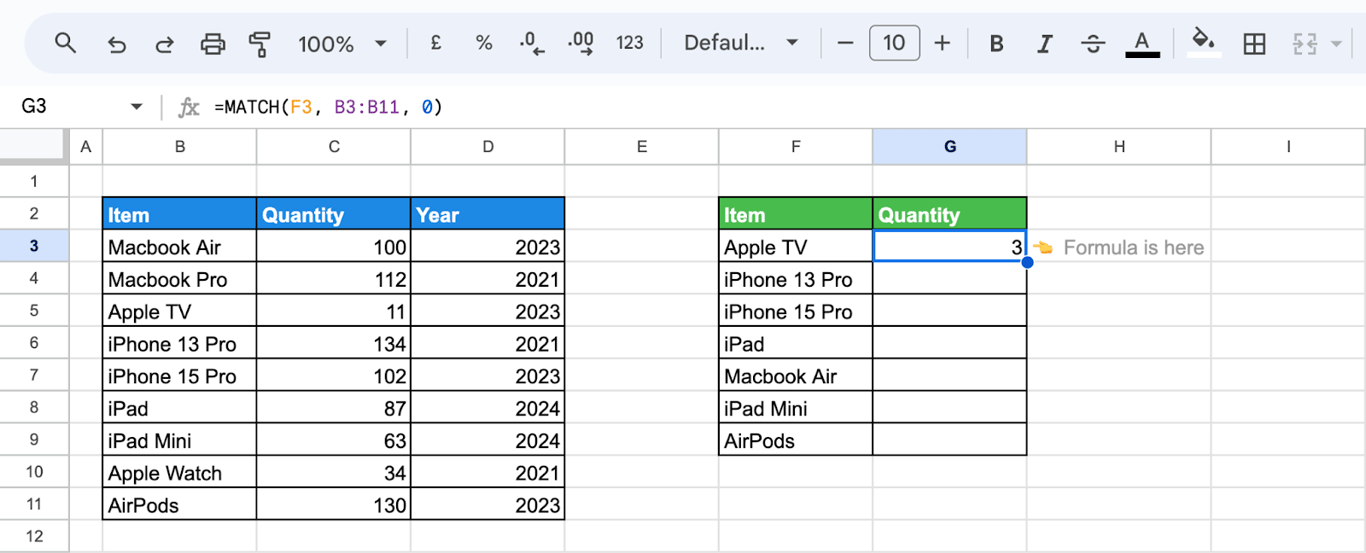 Applying MATCH function in Google Sheets to return specific values from a dataset. i-border