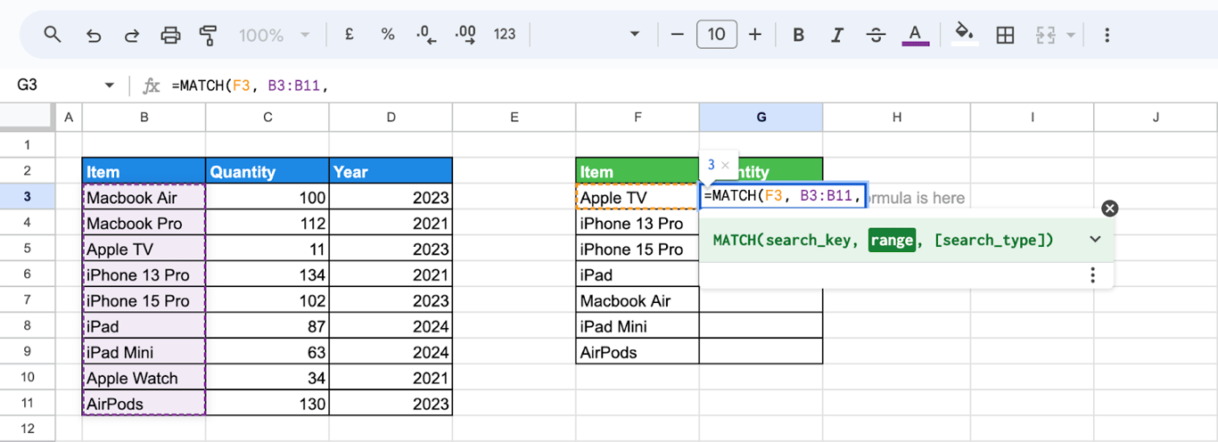 Detailed walkthrough of MATCH function in Google Sheets for advanced lookups. i-border