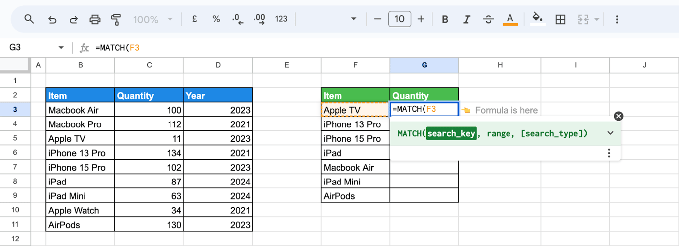 Example of setting up MATCH function in Google Sheets for precise data extraction. i-border