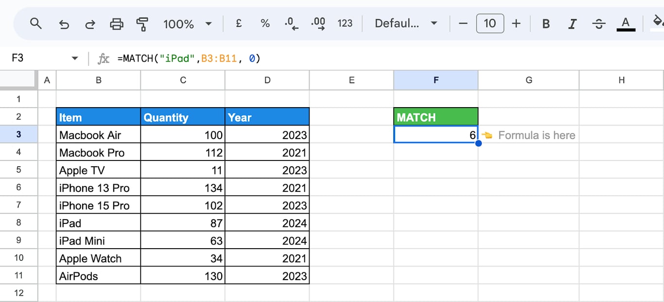 Basic explanation of MATCH function in Google Sheets with example. i-border
