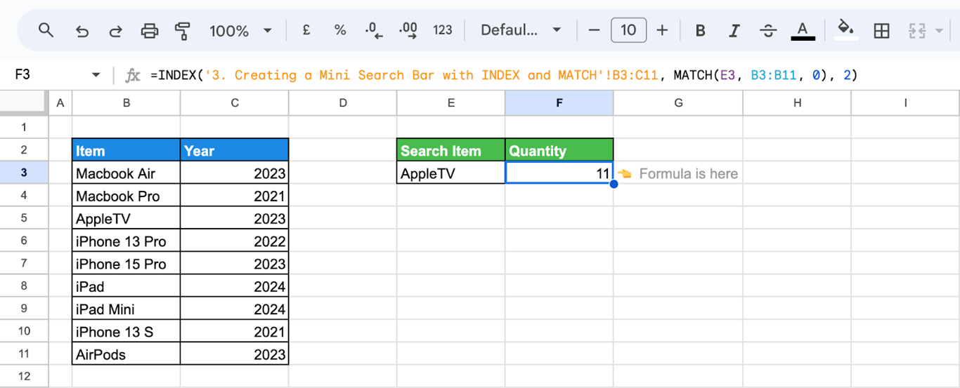 Cross-sheet data integration in Google Sheets using INDEX and MATCH functions. i-border