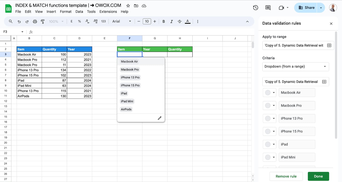 Retrieving data dynamically with INDEX and MATCH functions in Google Sheets. i-border