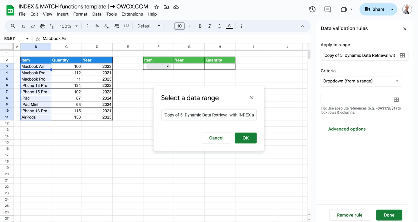 Setting up dynamic data lookups in Google Sheets with INDEX and MATCH functions. i-border