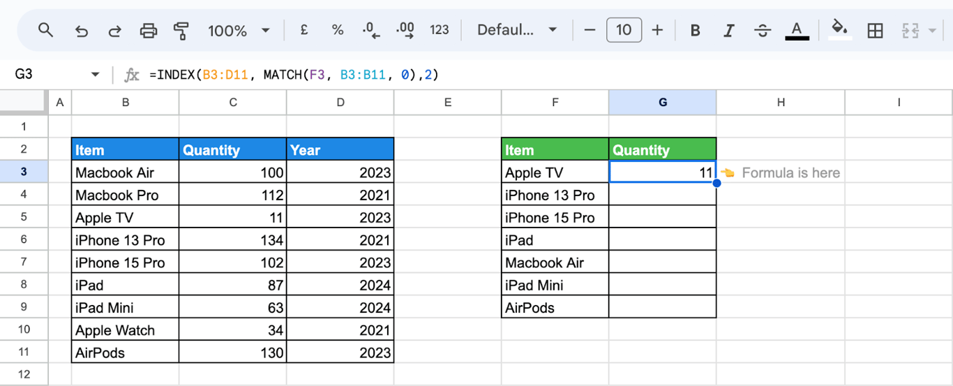 Structure of the INDEX and MATCH formula in Google Sheets for accurate data queries. i-border
