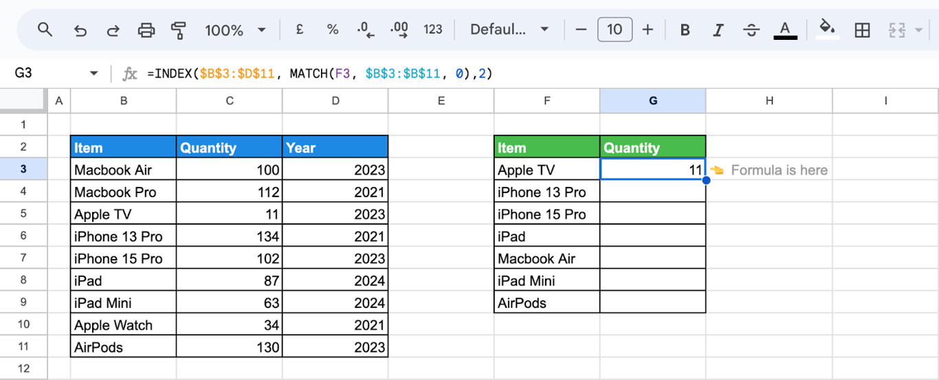 Practical example of INDEX and MATCH functions in Google Sheets for multi-column searches. i-border