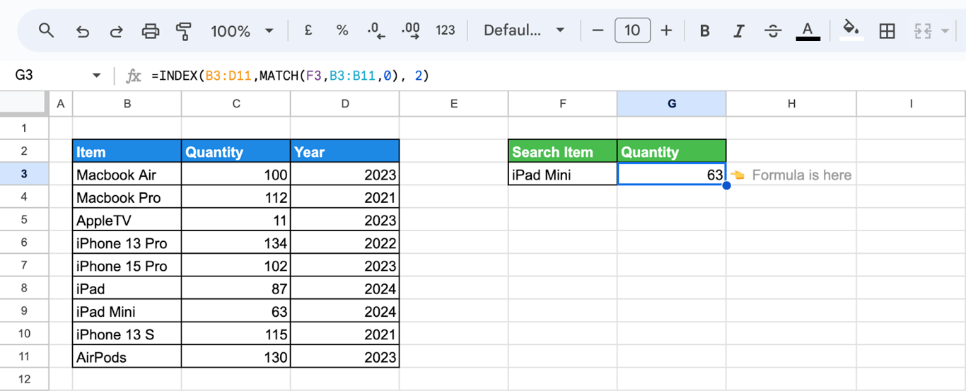Example of creating a mini search bar in Google Sheets using INDEX and MATCH functions. i-border
