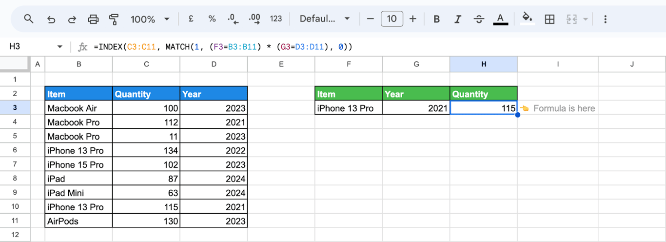 Using INDEX and MATCH functions in Google Sheets for multi-criteria searches. i-border