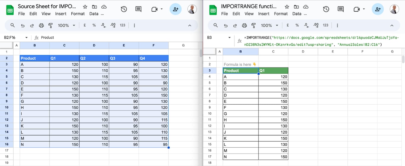 Customizing the IMPORTRANGE function in Google Sheets to import desired sheet and range. i-border