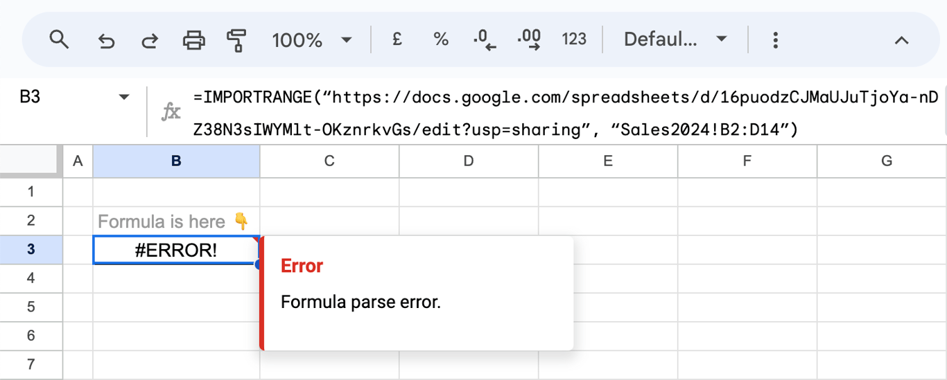 Error message in Google Sheets showing a formula parse error with the IMPORTRANGE function. i-border