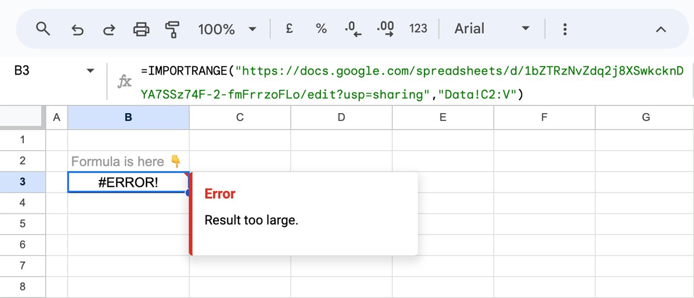 Error in Google Sheets showing the IMPORTRANGE result is too large to process. i-border