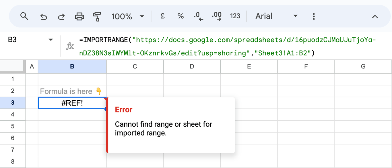 #REF error in Google Sheets when the IMPORTRANGE function cannot find the specified range or sheet. i-border