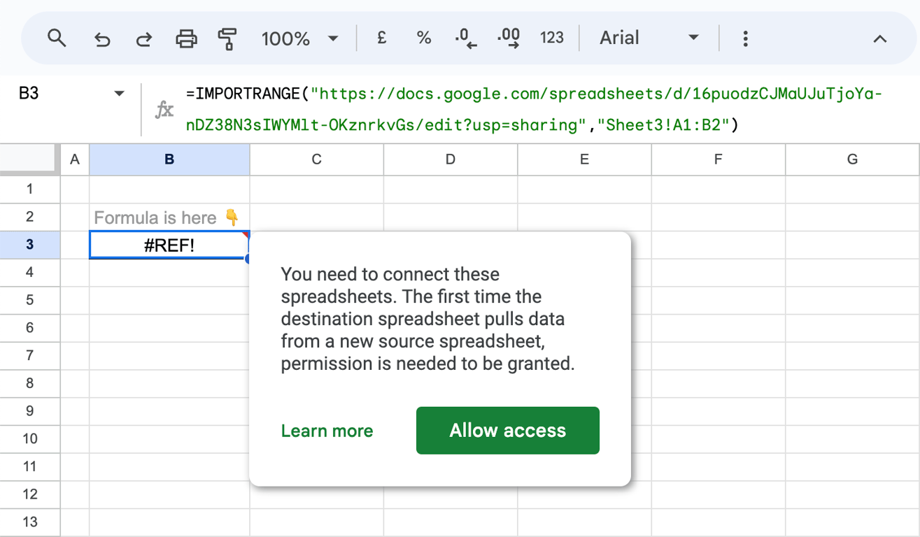 Permission error in Google Sheets when IMPORTRANGE cannot access data due to sharing restrictions. i-border