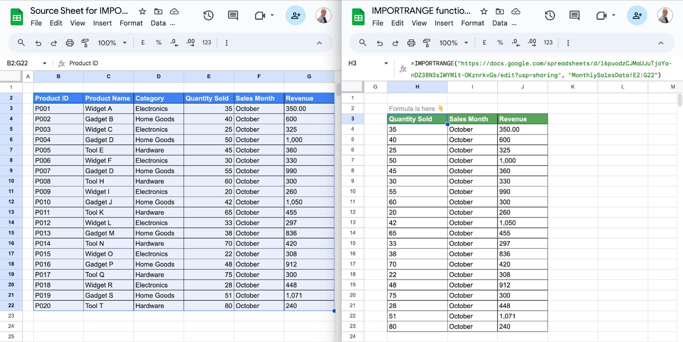 Using IMPORTRANGE in Google Sheets to bring in data from several external sources into one sheet. i-border