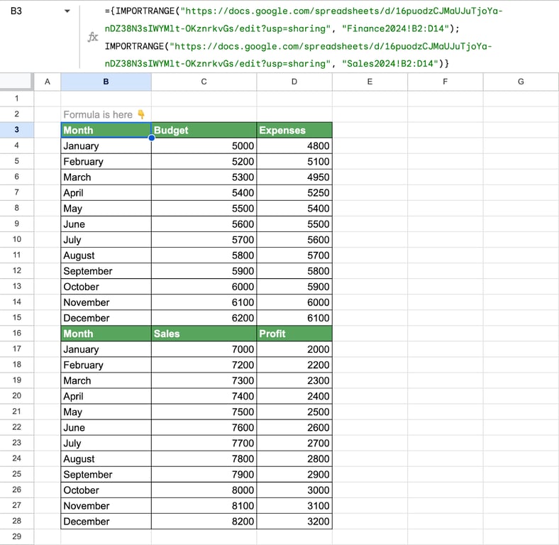 Example of consolidating data in Google Sheets from multiple tabs or files using IMPORTRANGE. i-border