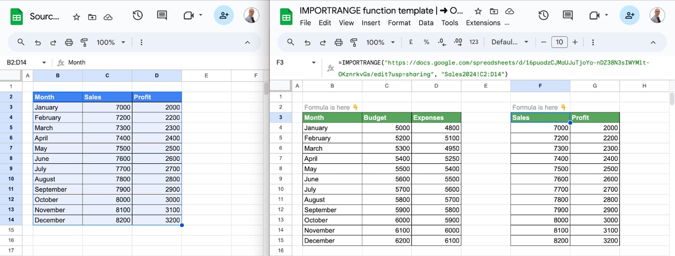 Using the IMPORTRANGE function in Google Sheets to link various spreadsheets into one centralized data sheet. i-border