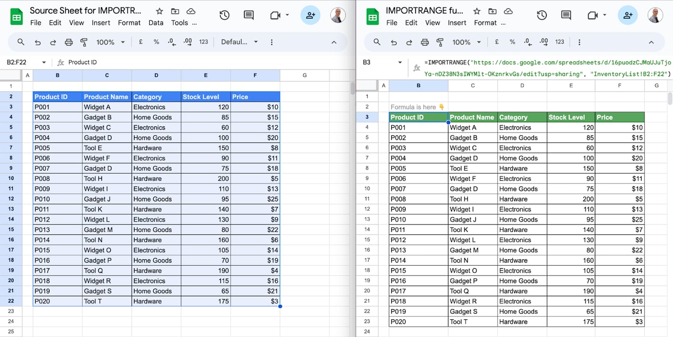 Example of using the IMPORTRANGE function in Google Sheets to import data from various external sources. i-border