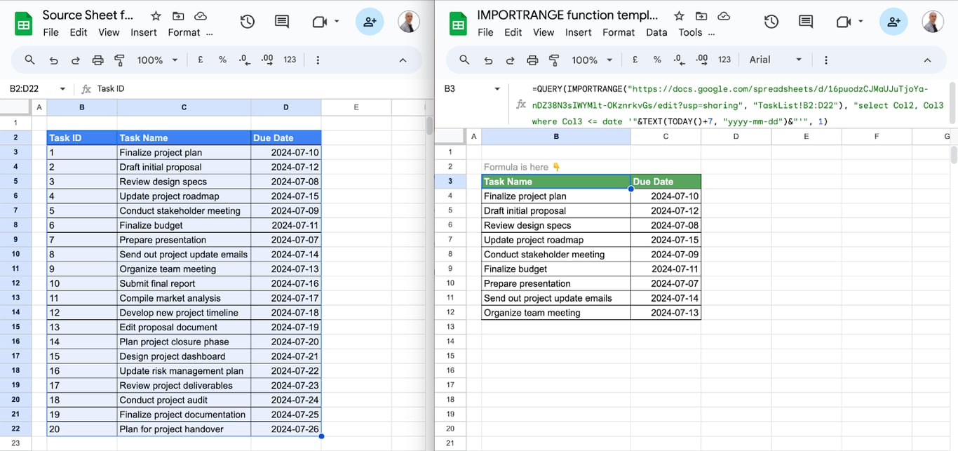 Example of using IMPORTRANGE and QUERY together in Google Sheets for advanced data filtering. i-border