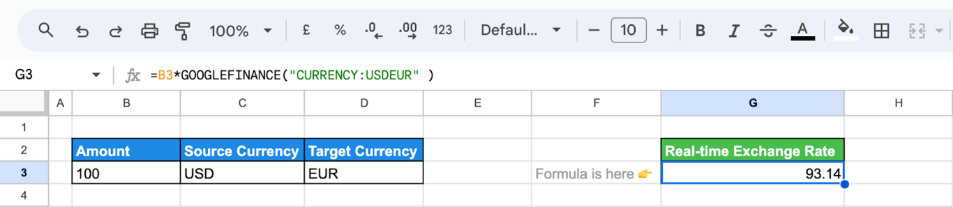 Table in Google Sheets showing real-time currency conversion from USD to EUR using GOOGLEFINANCE. i-border