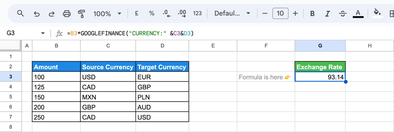Google Sheets demonstrating bulk currency conversion using the fill handle to apply formulas across rows. i-border