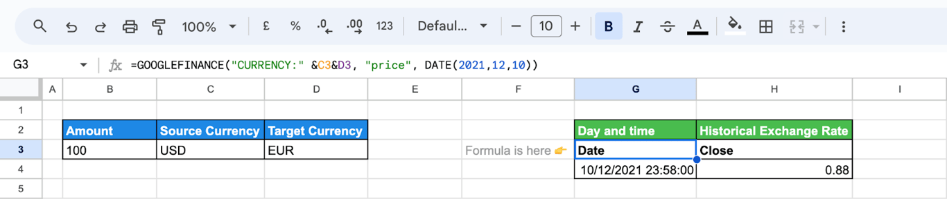 Google Sheets displaying historical exchange rate for USD to EUR on a specific date using GOOGLEFINANCE. i-border