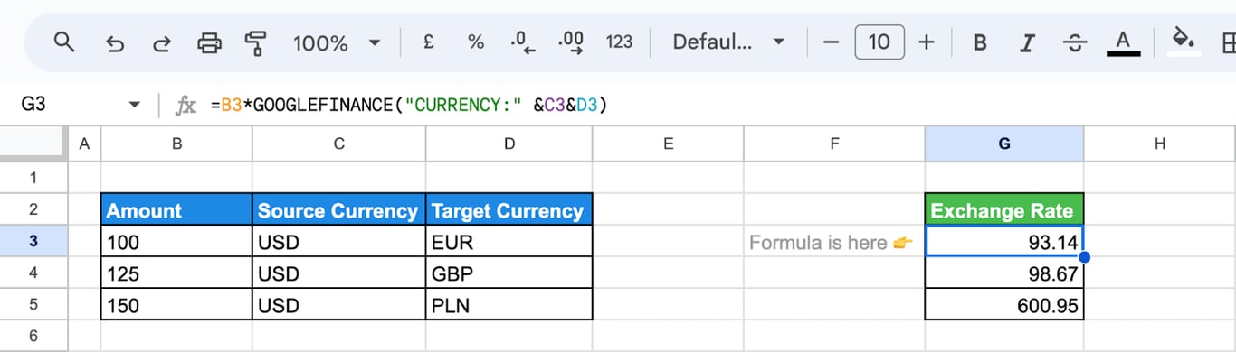 Table in Google Sheets converting multiple currencies simultaneously with amounts and exchange rates. i-border