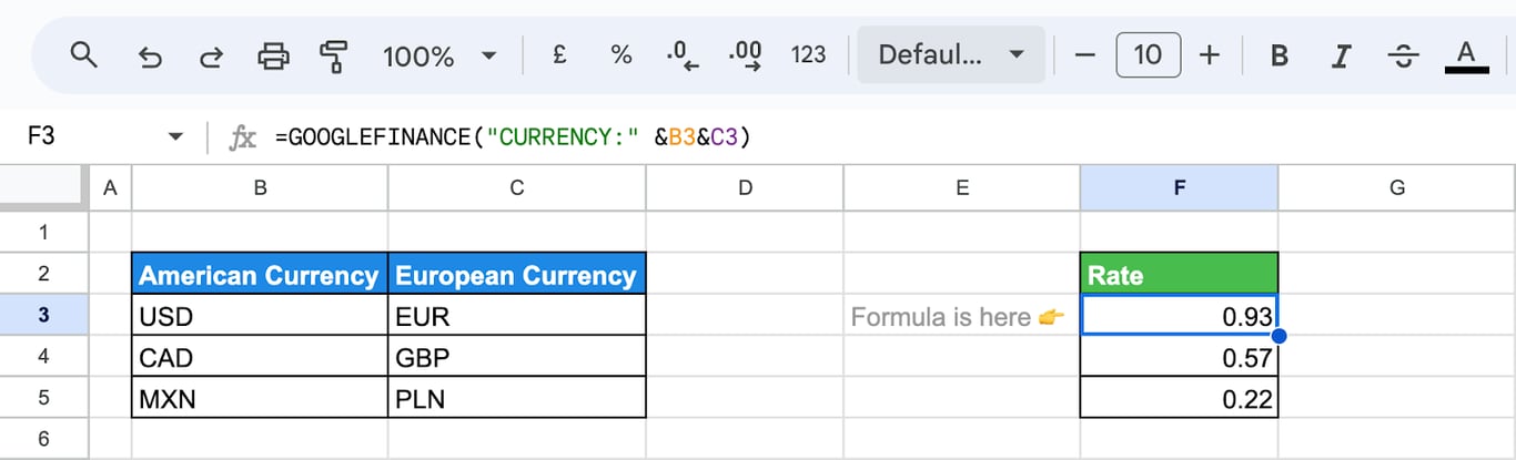 GOOGLEFINANCE function in Google Sheets displaying currency exchange rates between two currencies. i-border
