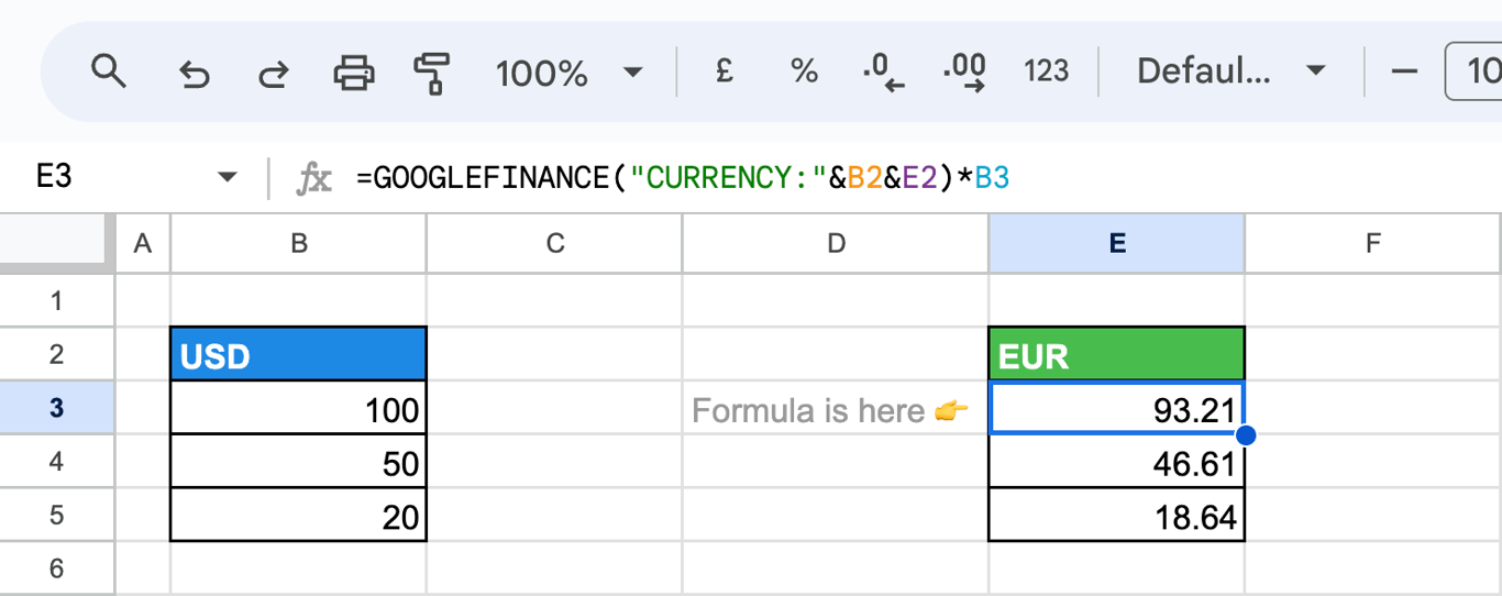 GOOGLEFINANCE function fetching real-time currency exchange rates in Google Sheets. i-border