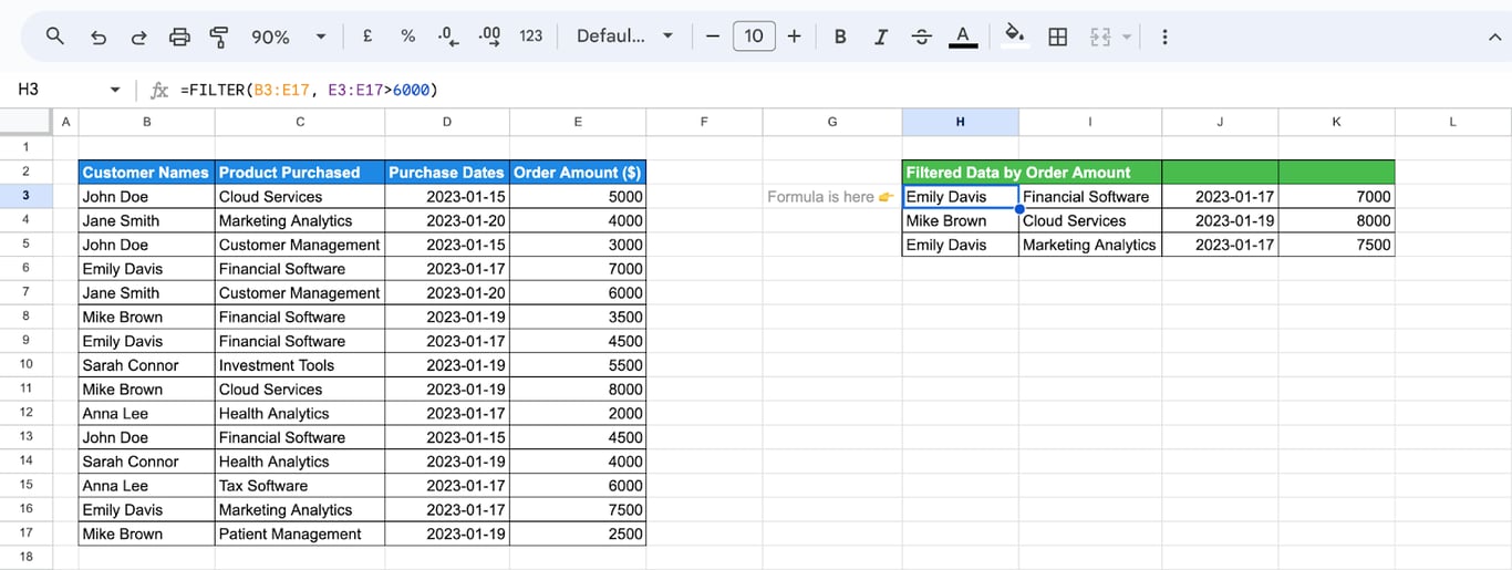 Filters rows based on numerical conditions, such as extracting rows where the order amount exceeds a specific value. i-border