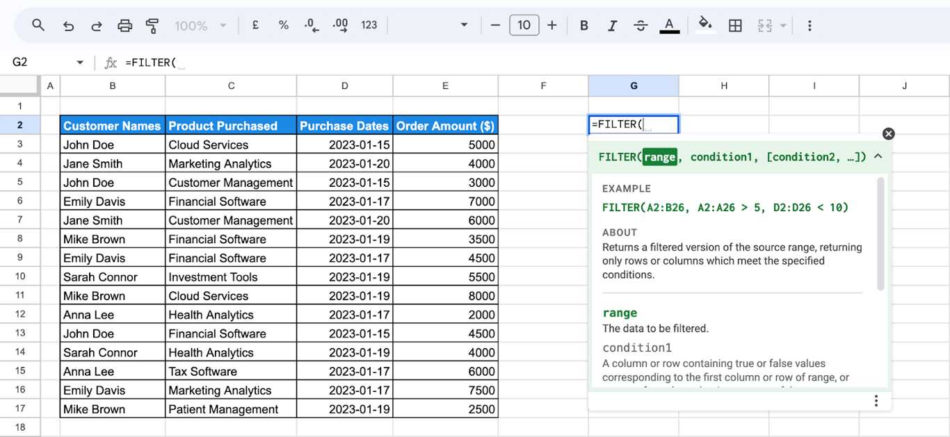 Demonstrating the FILTER function in Google Sheets, with the formula structure and syntax tooltip highlighting range and conditions. i-border