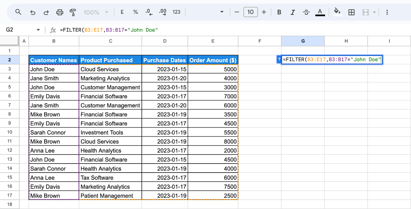 Application of the FILTER function in Google Sheets with a single condition to extract rows matching a specific text, such as ‘John Doe’ i-border