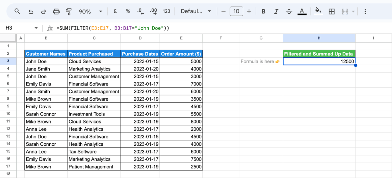 Applying FILTER and SUM functions to calculate the total order amount for filtered customer data i-border