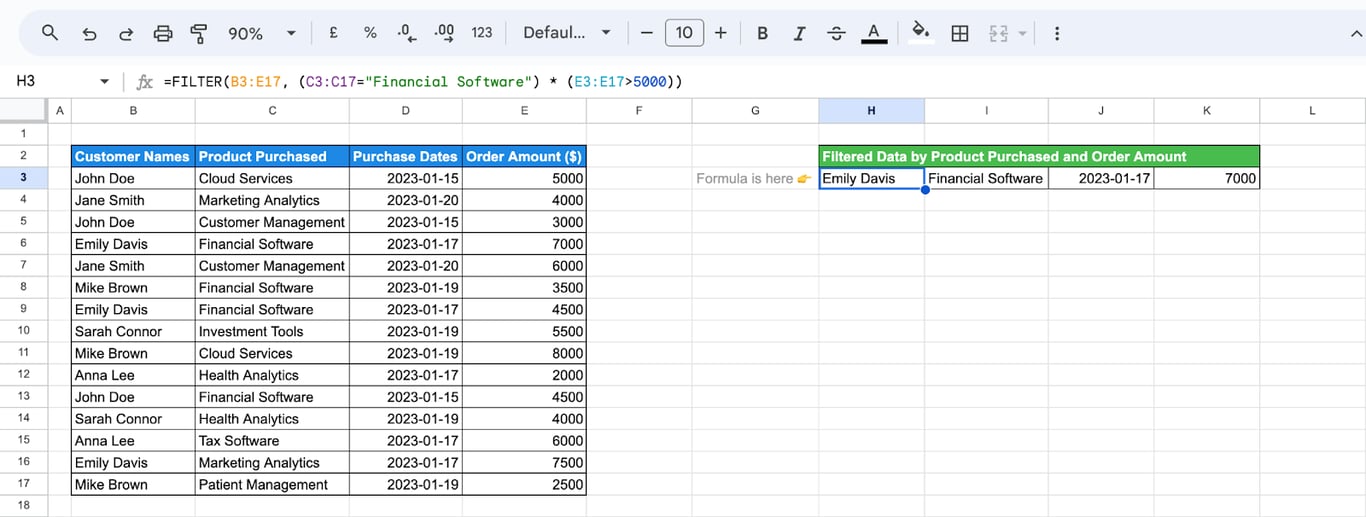 Filtering data using the FILTER function with multiple conditions combined by the AND logical operator, narrowing down rows matching all criteria. i-border