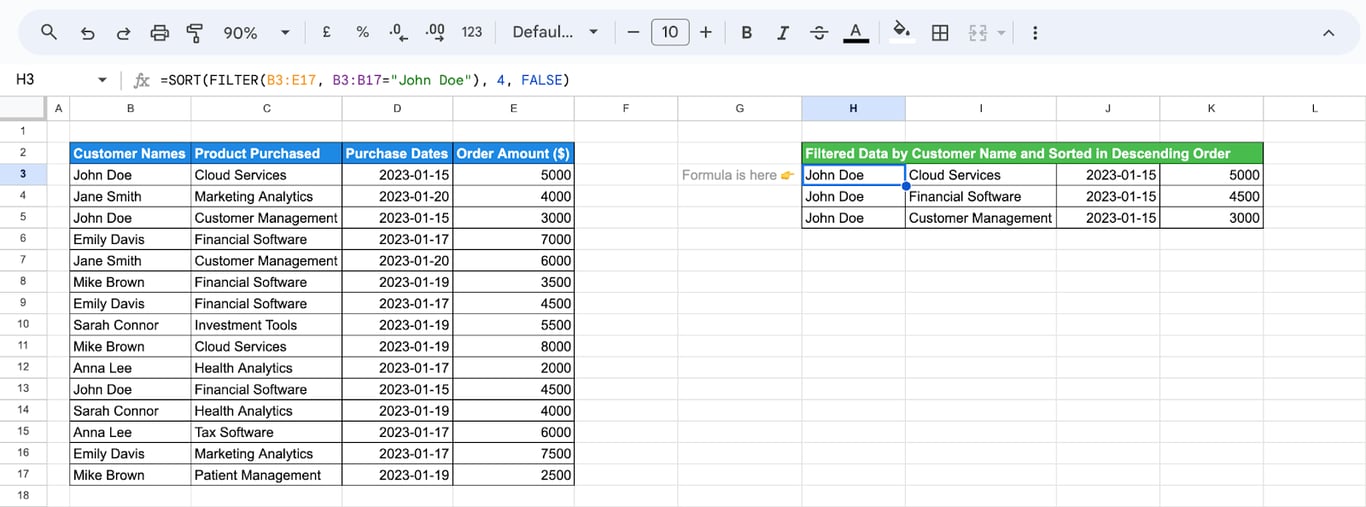 Combines the FILTER and SORT functions to extract rows based on a condition and sort the filtered results, such as by customer name in descending order. i-border