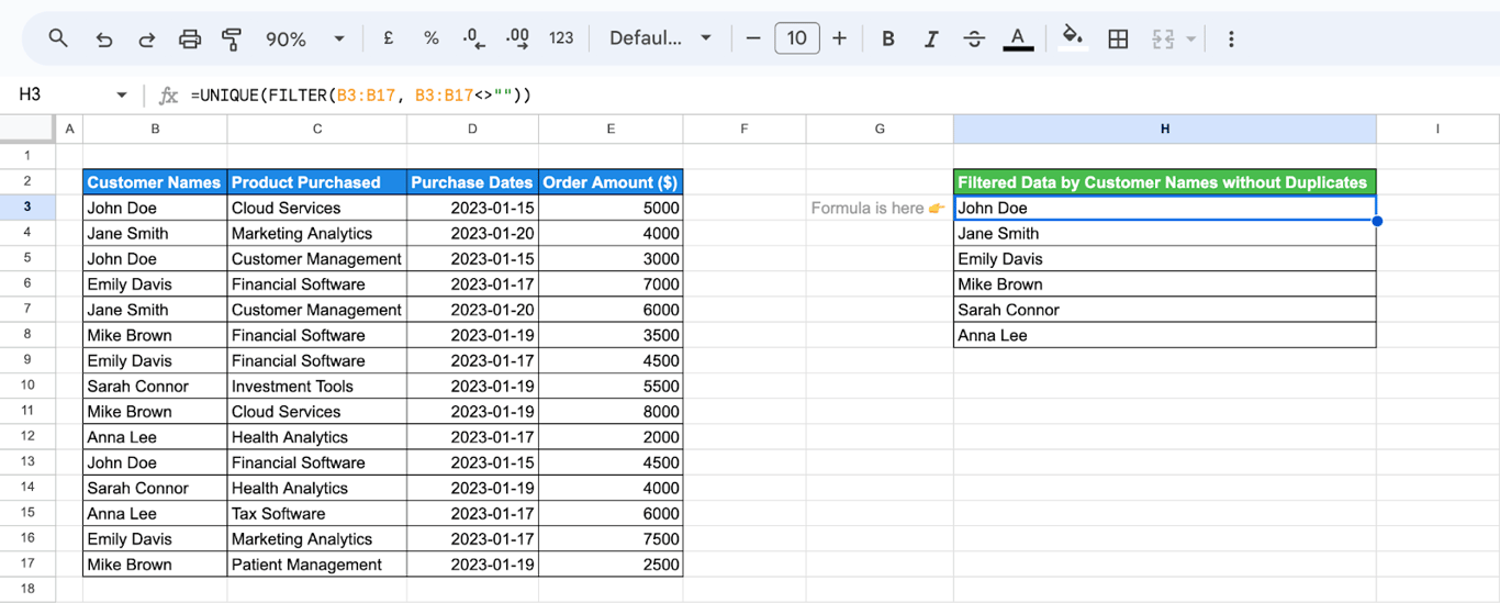 Using FILTER with UNIQUE function in Google Sheets to filter customer data and remove duplicates from the dataset. i-border