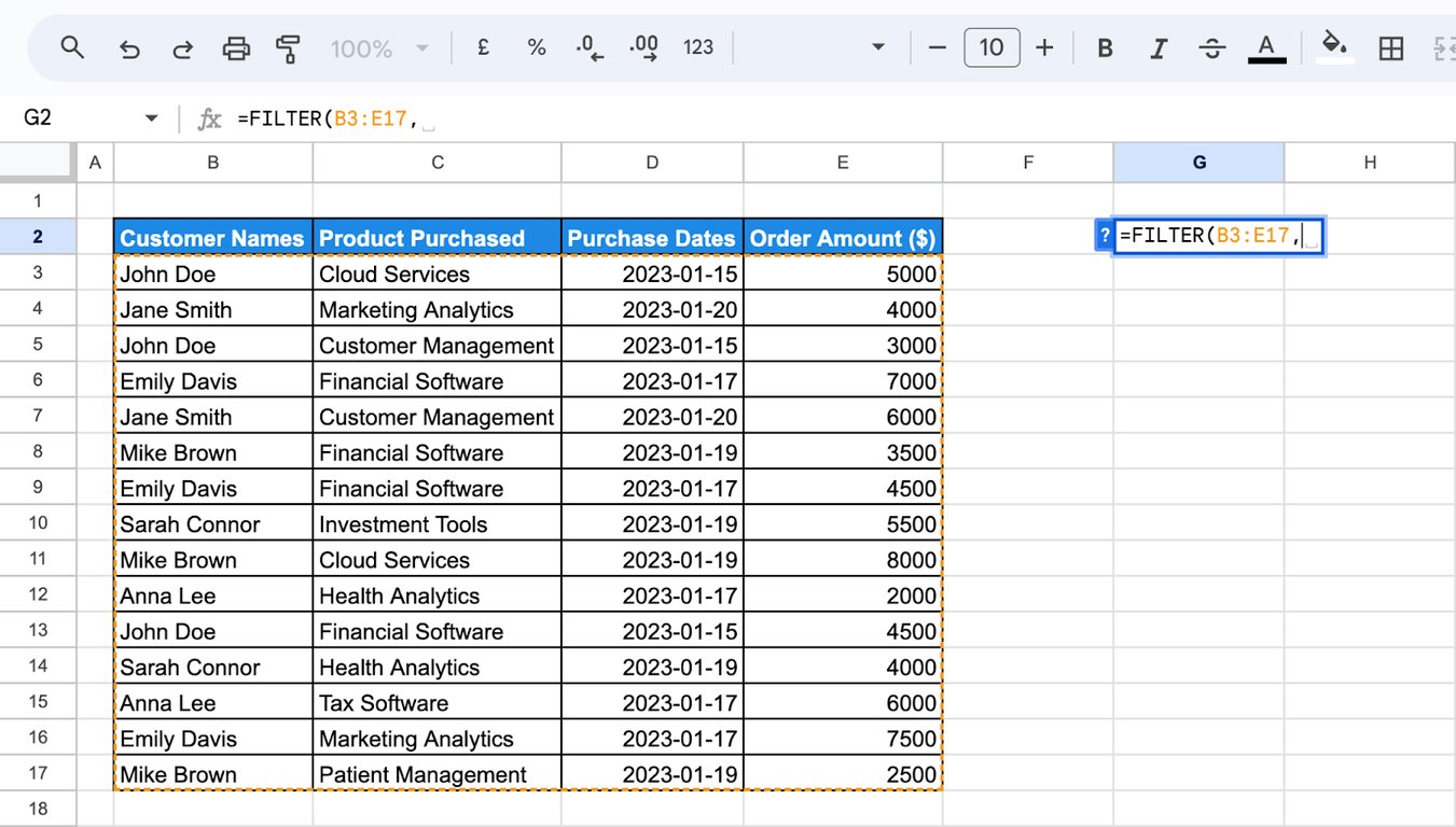 Selection of a range for the FILTER function, with the highlighted area representing the data to be filtered. i-border