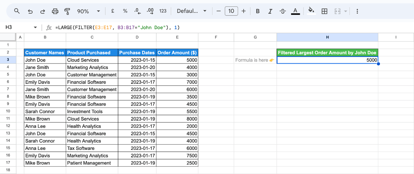 Combining FILTER and LARGE functions in Google Sheets to extract the highest order amount from filtered customer data i-border